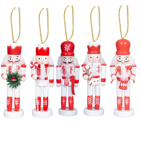 13cm Wooden Christmas Nutcracker Soldier Ornament Set of 5, Hand-Painted Wood Decor image 3