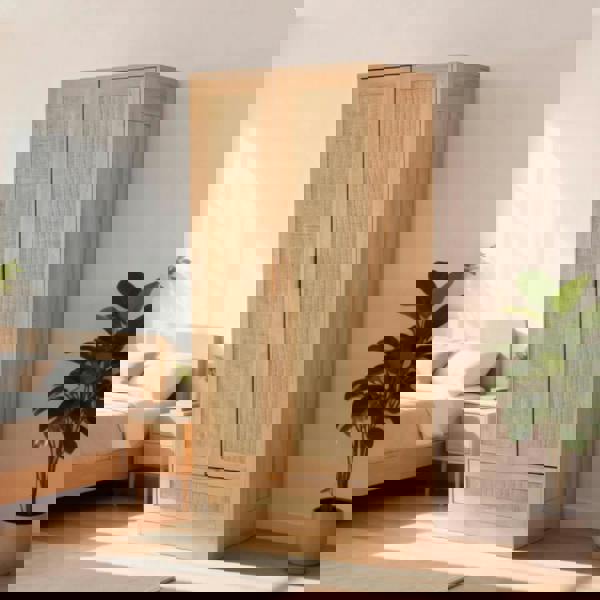 Furniture One Rattan Wardrobe, 2-Door Rattan Wardrobe Closet Armoire with Hanging Rack