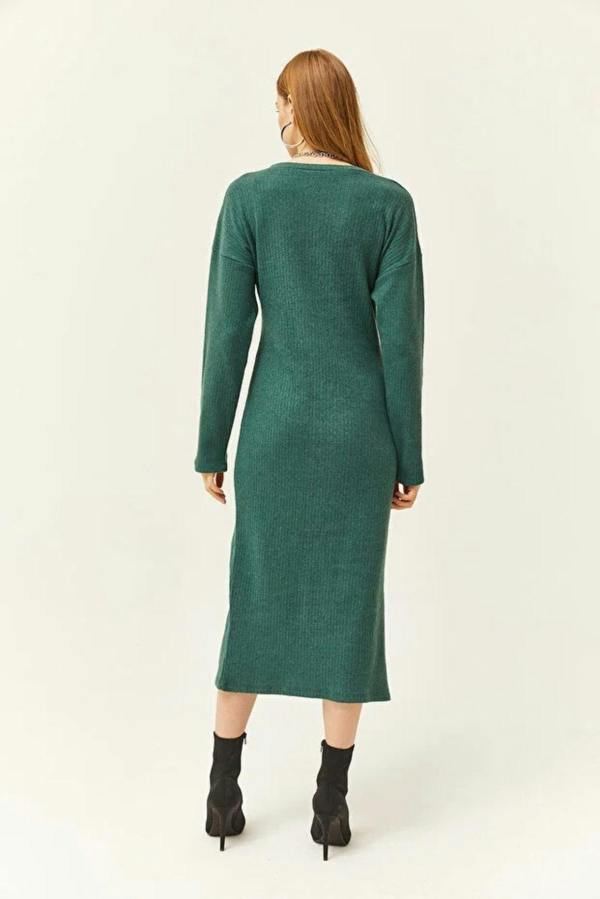 Hoxton Gal V-Neck Thick Ribbed Dress with Side Slit
