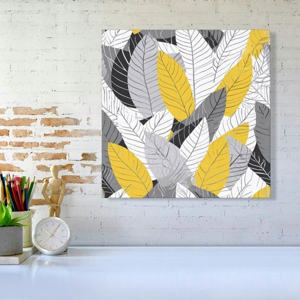 Warren Reed Yellow Grey Feather Leaves Canvas