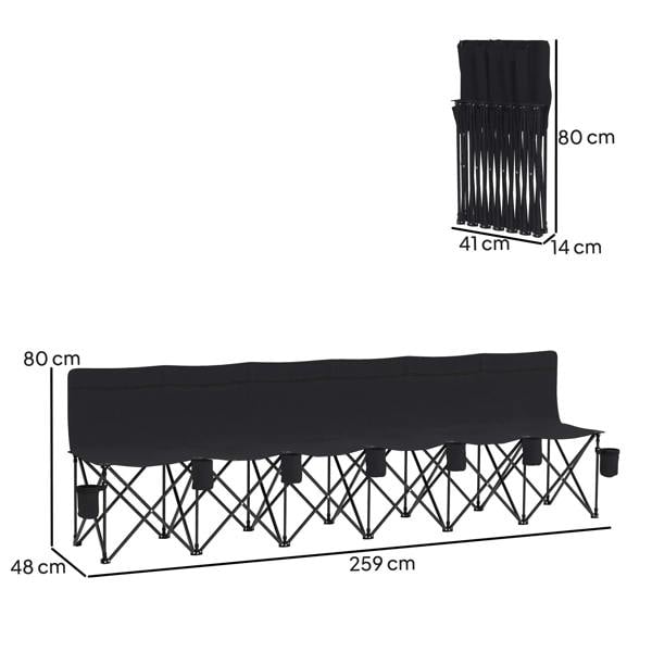Black 6-seater folding camping chair with cup holders, side view with dimensions