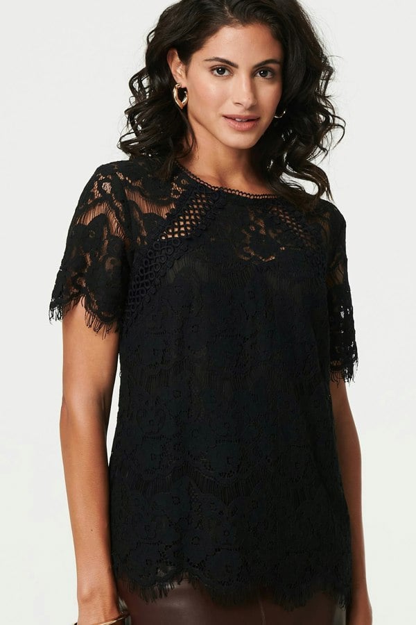 Black | Lace Overlay Short Sleeve Blouse
