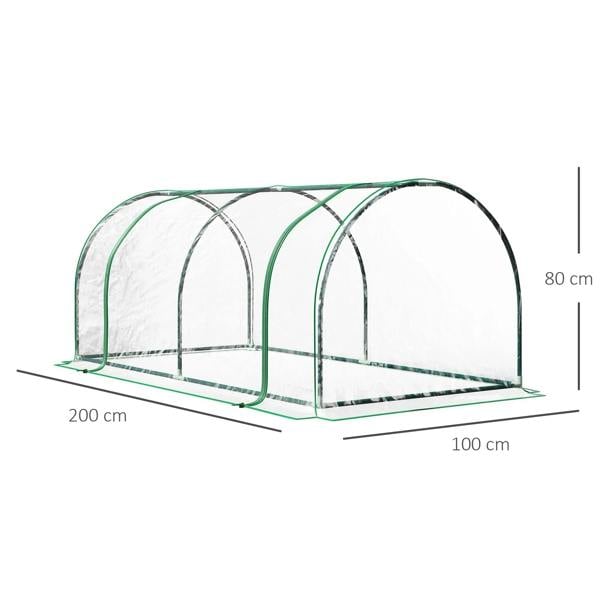 Tunnel greenhouse with green steel frame and clear PVC cover, with size dimensions