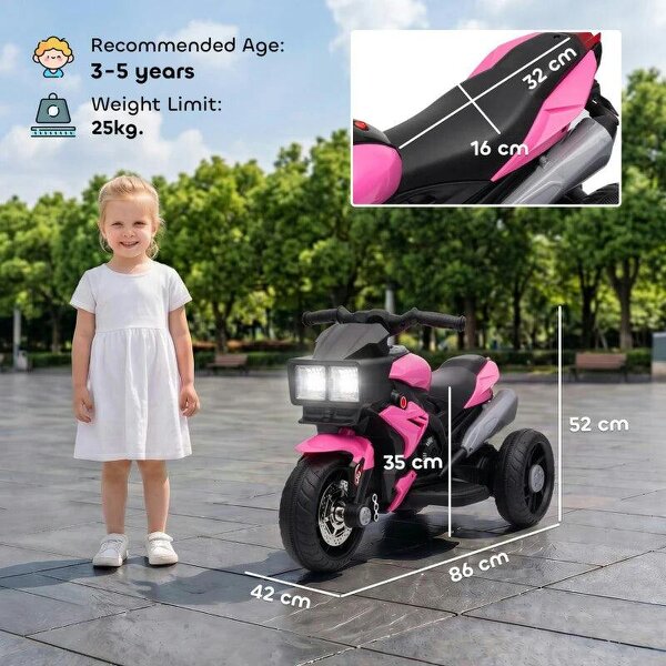Kids Electric Motorcycle Ride-On Toy, 3-Wheel Battery-Operated Motorbike with Horn, Toddler Ride On Bike, Pink