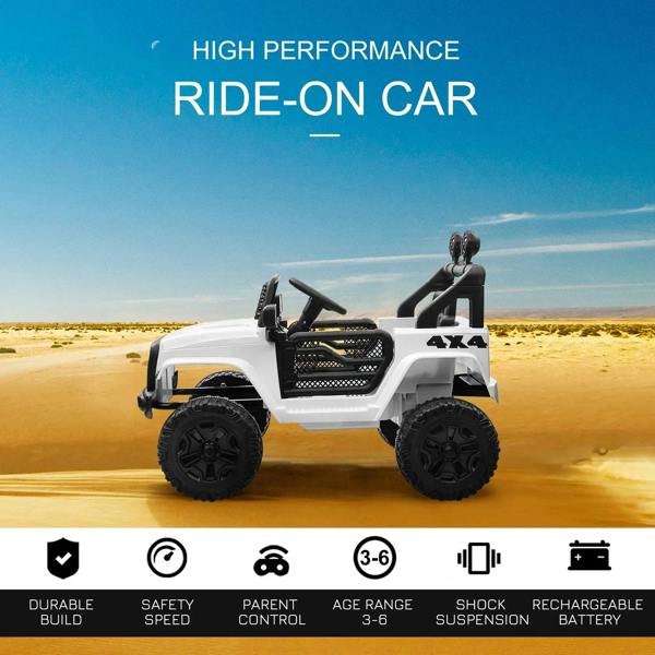 White ride-on SUV truck with steering wheel, roll bars, and treaded tires