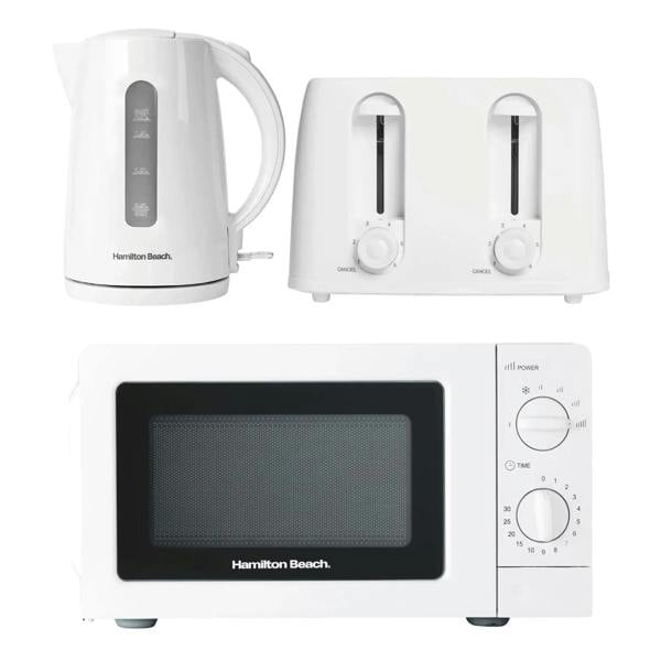 Hamilton Beach Essentials Kettle, 4 Slice Toaster & 20L Stainless Steel Cavity Microwave Set - White - Hamilton Beach UK