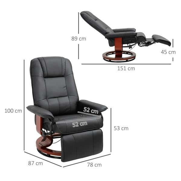 Black reclining swivel chair with footrest shown with product dimensions