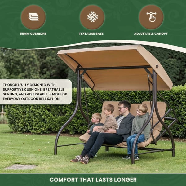 Heavy Duty Garden 3 Seater Swing Seat and Hammock Bed with Canopy, Steel Frame and Textaline Base, Thick Shower Proof Cushions