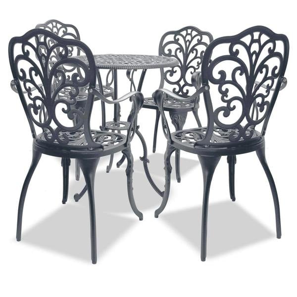 Homeology BANGUI Grey Luxurious Garden and Patio Table and 4 Large Chairs with Armrests Cast Aluminium Bistro Set