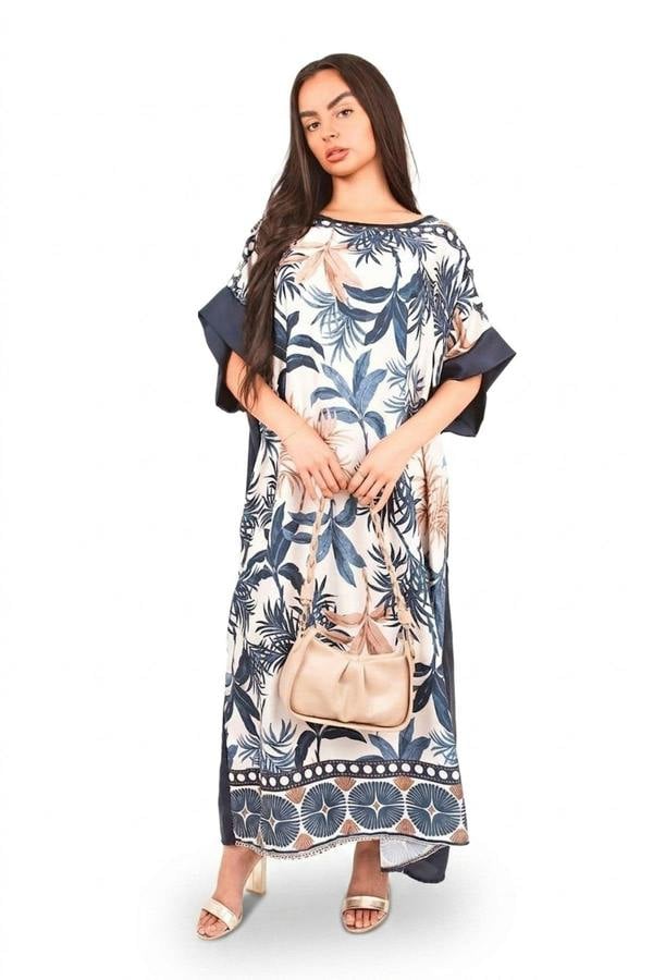 Taisley Oversized Batwing Maxi Dress With Tropical Print - Navy_wb