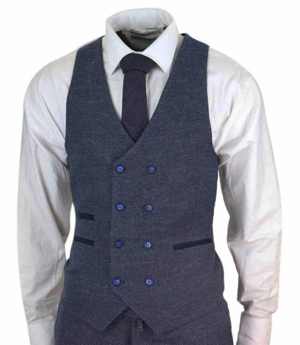 TruClothing Mens Blue Wool 3 Piece Suit Double Breasted Waistcoat Tweed Peaky Blinders 1920s