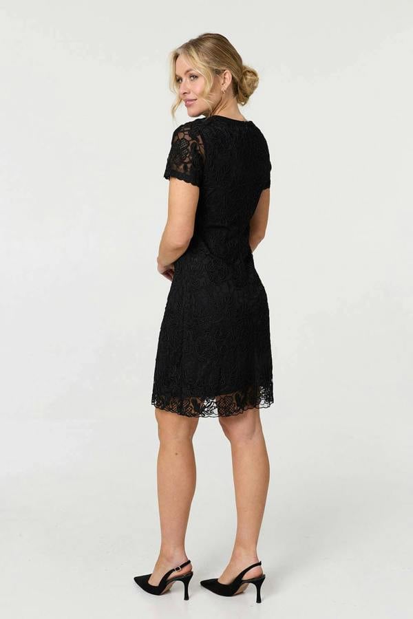 Black | Floral Lace Layer Knee Length Dress
