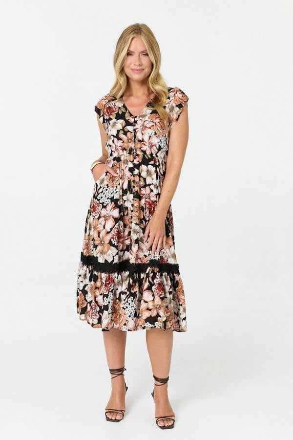 Black | Floral Cap Sleeve Relaxed Midi Dress