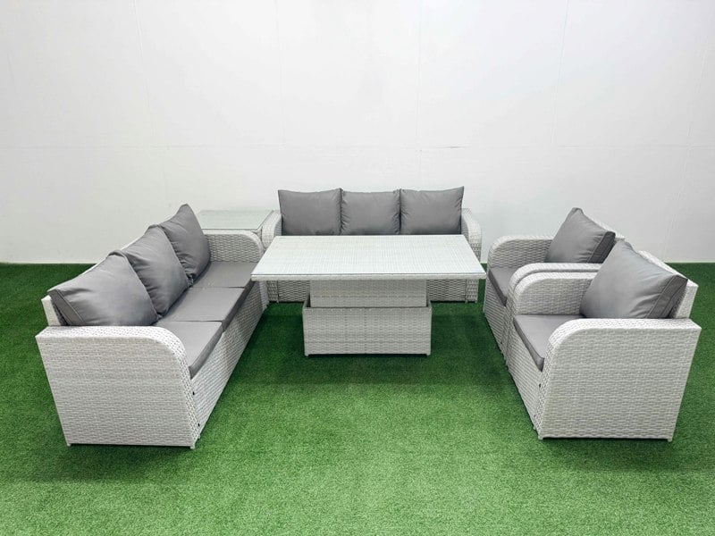 Fimous Light Grey PE Rattan High Back Lounge Set - Adjustable Lifting Dining/Coffee Table, 3-Seater Sofa, Reclining Chair & Side Table