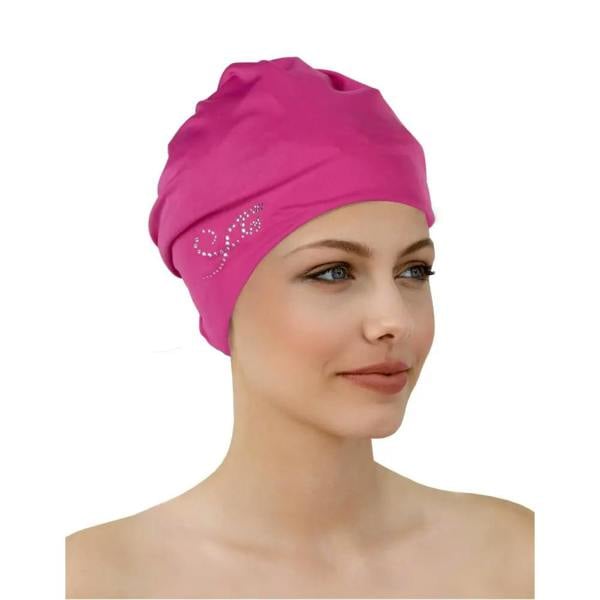 Magenta Fashy applique fabric swim cap with rhinestone design