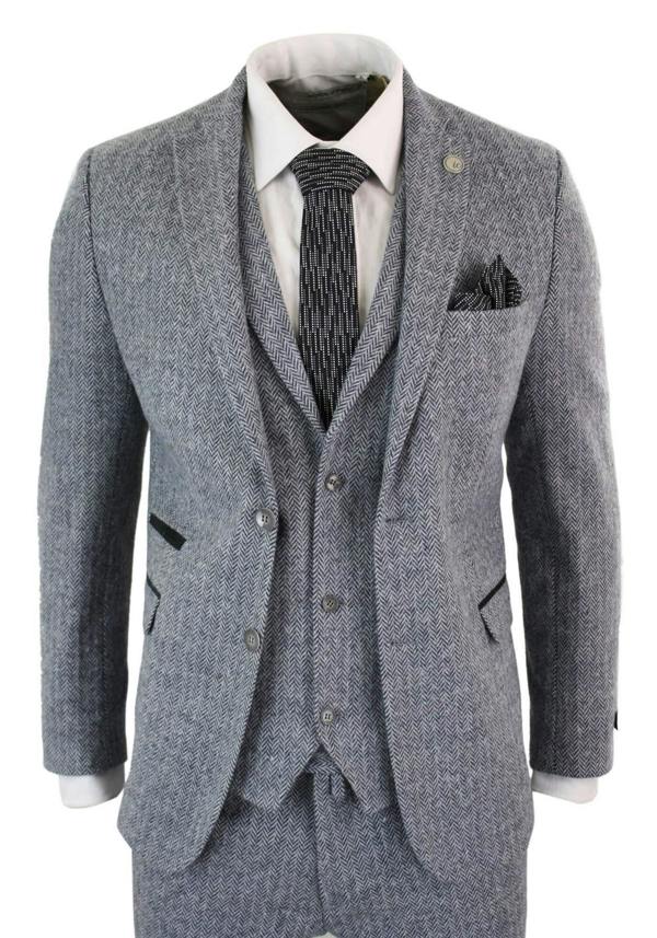 TruClothing Men's 3 Piece Grey Herringbone Tweed Suit