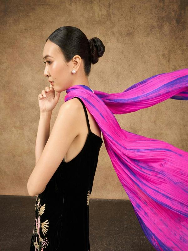 Fuchsia & Blue Brushstroke Silk Scarf – Hand-Dyed Mulberry Silk, Statement & Party Wrap