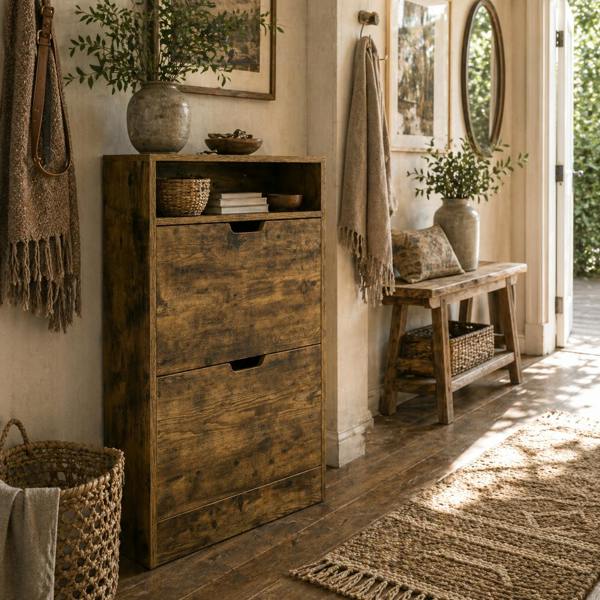 Wyld Haus Zilado Wooden Rustic Brown Slim Shoe Cabinet With 2 Flip Doors And Shelf