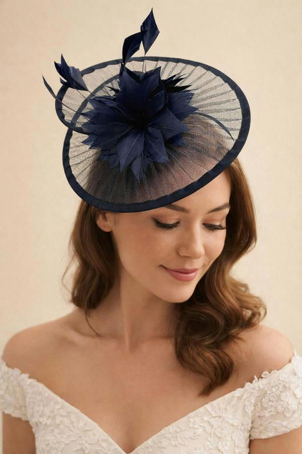 Spiral Circular Brim Fascinator with Feathers Burst in Navy - svnx