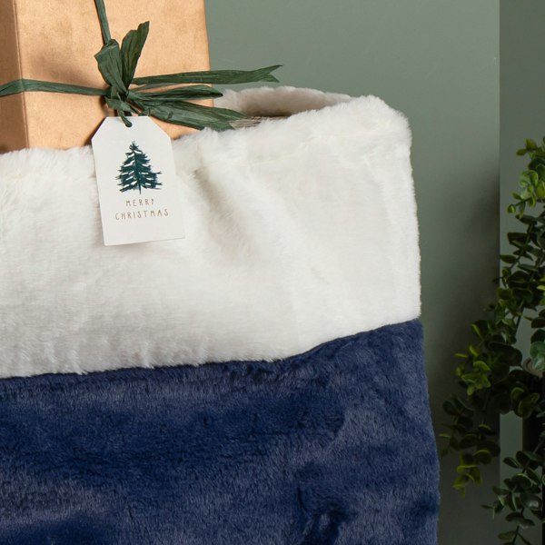 Samuel Alexander 80 x 55cm Blue Soft Plush Christmas Sack with White Faux Fur Trim and Pom Poms