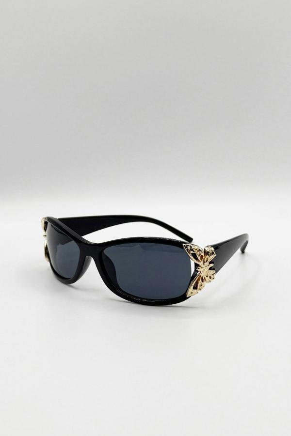 Vintage Wrap Around With Butterfly Detail Sunglasses In Black - svnx