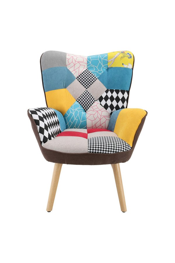 Living and Home Patchwork Tufted Button Linen Accent Chair with Wooden Legs