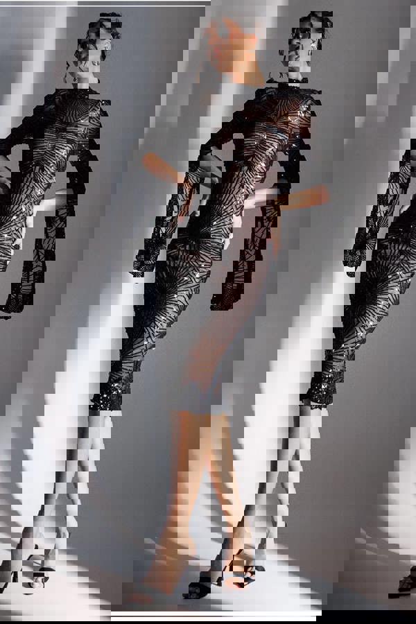 Sequin Starburst Cape Sleeve Midi Dress - Black DR4799