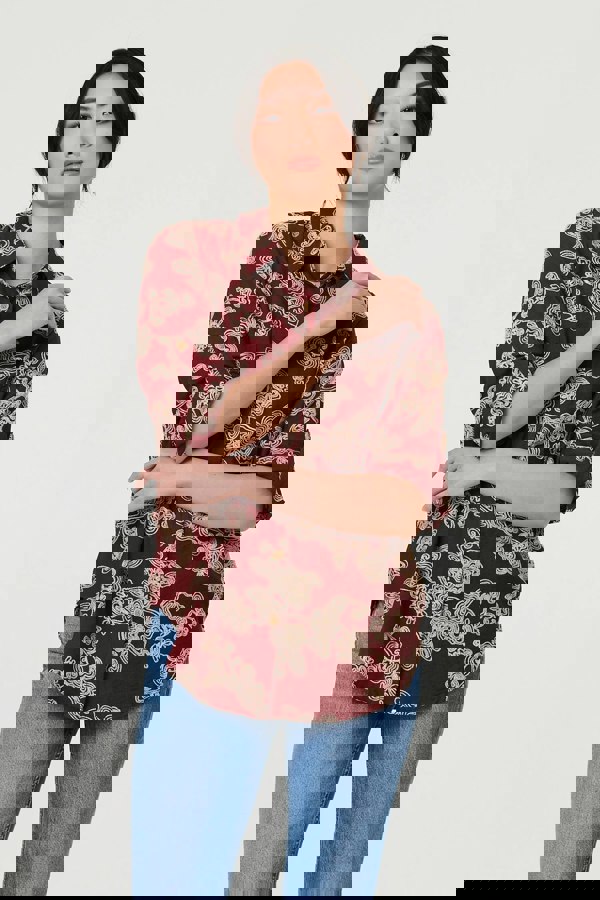 Burgundy | Floral Embroidered Long Sleeve Blouse
