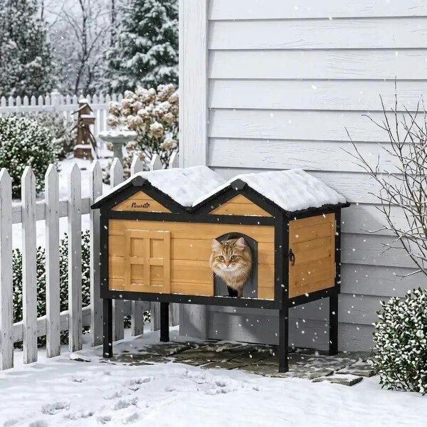 Wooden Cat House Outdoor Indoor with Weatherproof Asphalt Roof, Side Cleaning Door, PVC Curtain - Yellow