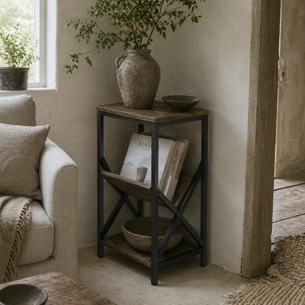 Wyld Haus Elfi Nere Wooden Oak Narrow Side Table With 3 Tier Storage and V Shaped Magazine Holder 40 x 30 x 61 cm