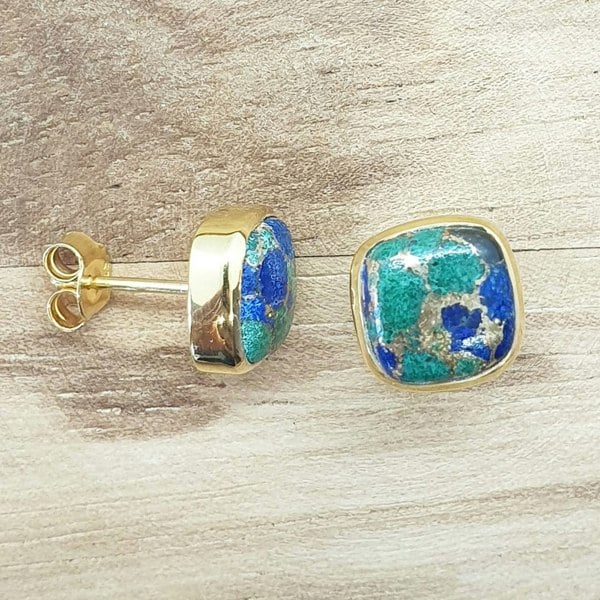 Micron Gold Plated Stud Earrings, Azurite, Cushion Gemstone Stud Earrings, 9X9mm - May Birthstone Earrings