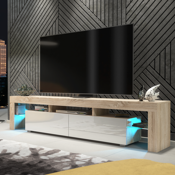 Mex Furniture Sleek 200cm Modern TV Unit  Cabinet Stand Oak High Gloss White Doors & Free LED Lights