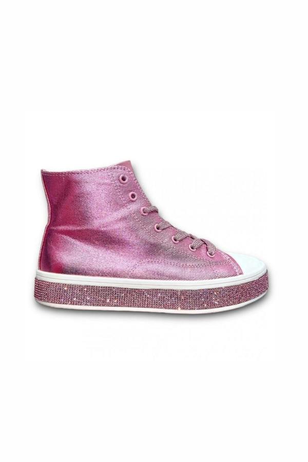 Pink high-top sneaker with glittery texture on a white background
