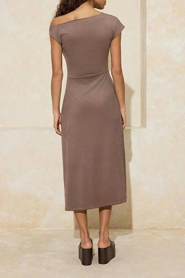 WOVCOR A-Line V-Neck Midi Suede Knit Dress with Accessory Details