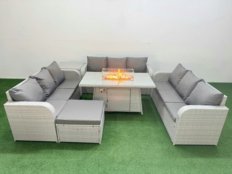 Fimous PE Rattan Lounge Sofa Set 10 Seater Outdoor Garden Furniture Set with Fire Pit Dining Table 3 Seater Sofa Big Footstool Side Table Light Grey