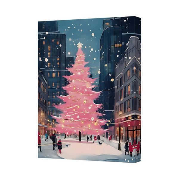 Benjamin Tate Design Contemporary Pink Christmas Tree Cityscape Canvas Art Print