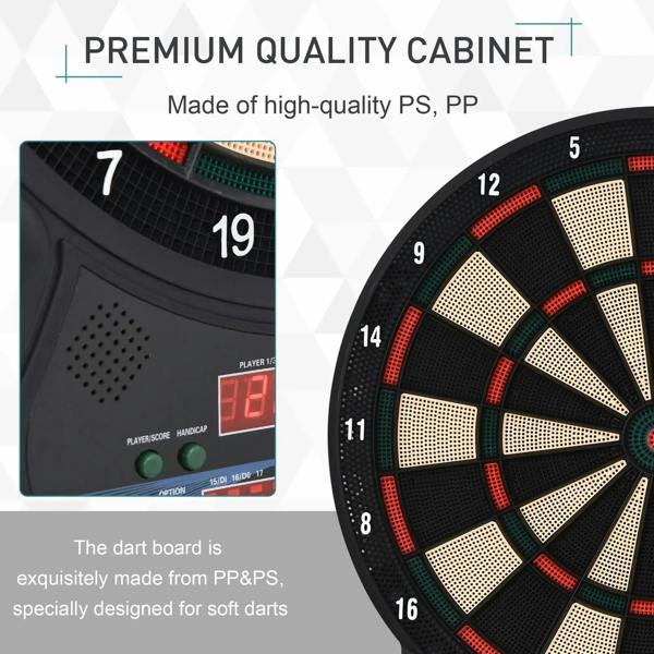 Electronic dartboard cabinet and close-up of numbered target segments in black and beige