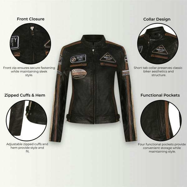 Infinity Leather Womens Leather Biker Racing Badges Jacket-Agadir