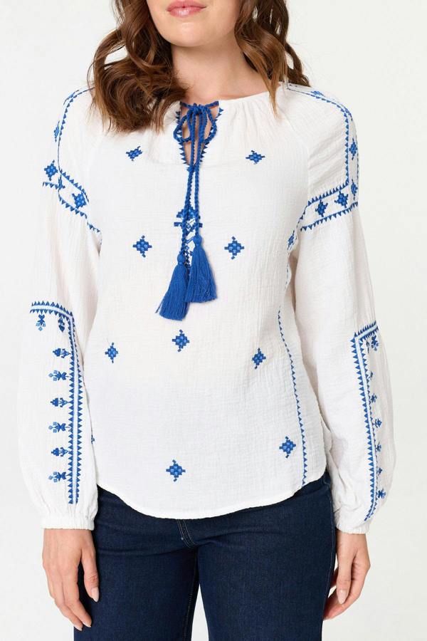 White | Printed Tassel Tie Neck Long Sleeve Top