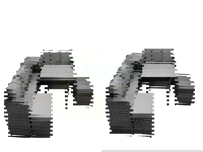 Fimous 8 Seat Outdoor Wicker PE Rattan Garden Furniture Set Dining Table Sofa Set with 2 Big Stools Side Table Dark Grey Mixed