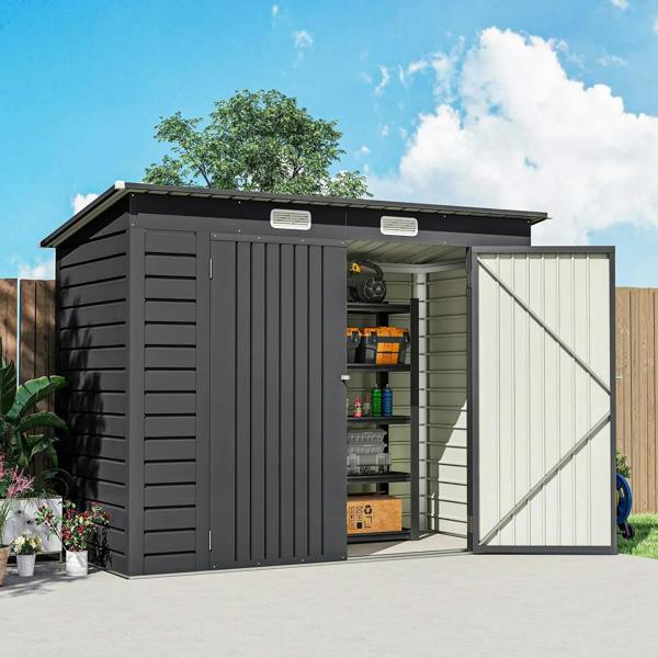 Grey metal storage shed with open double doors and interior tool shelving