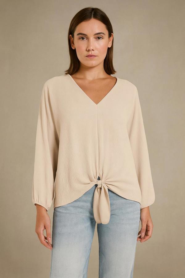 Hoxton Gal Oversized V Neck Tie Detailed Long Sleeves Blouse in Beige