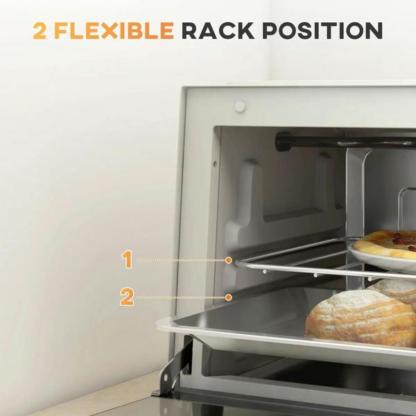 Cream mini oven interior showing wire rack at two adjustable rack positions