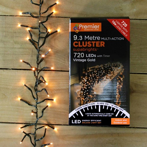 Samuel Alexander 720 LED 9.3m Premier Clusterbrights Indoor Outdoor Multifunction Mains Operated Christmas Cluster Lights with Timer in Vintage Gold