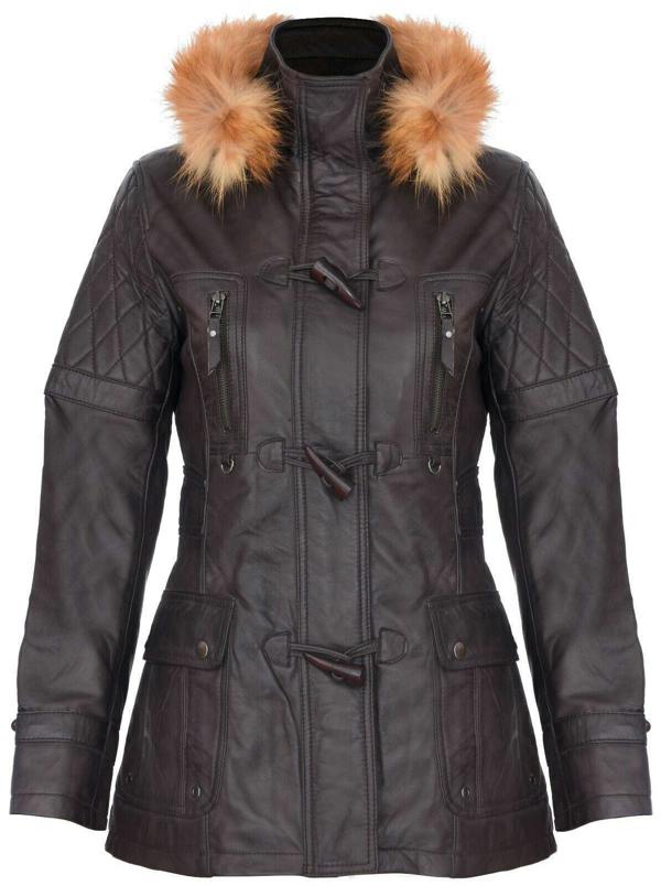 Womens Quilted Leather Hooded Parka Jacket-Northampton - Upperclass Fashions 