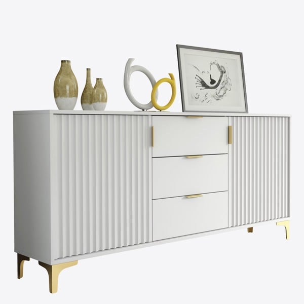 Mex Furniture Captivating White 140cm Sideboard with Ribbed Doors and Gold Accents