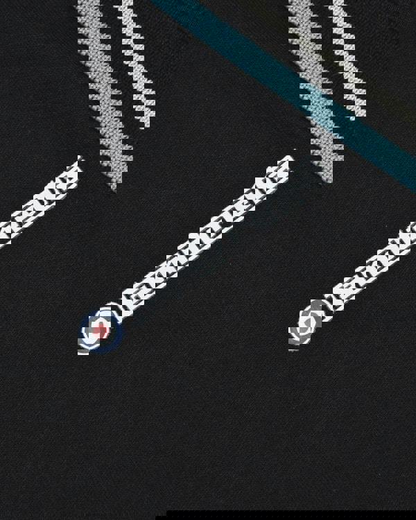 Lambretta Mens Vertical Stripe Classic Mod Ska Casual Smart Polo, close-up of black fabric with Lambretta logo and blue, white, and black striped detail.