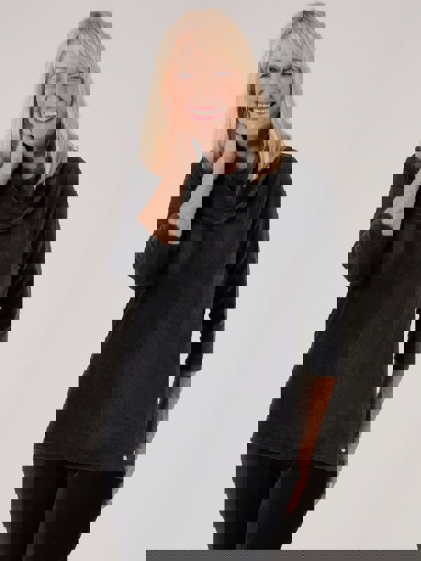 PennyPlain Ribbed Velour Cowl Neck Top - Black