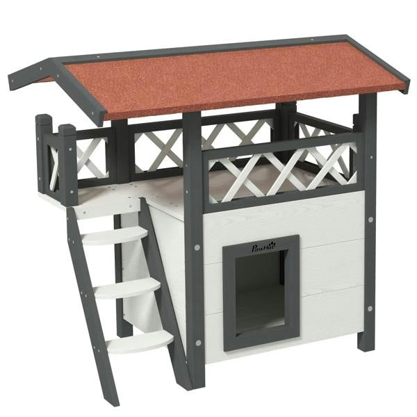 White outdoor cat house with balcony roof and side ladder stairs
