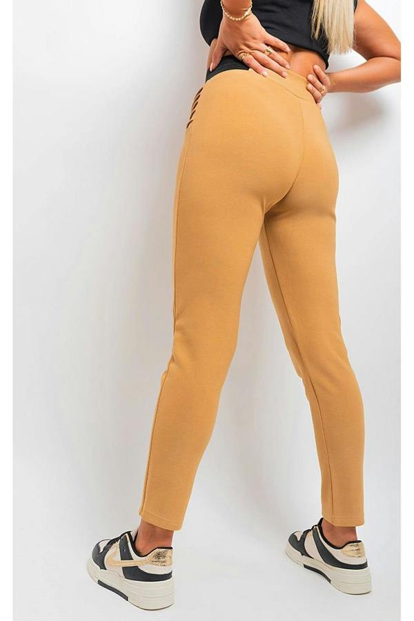 Ariah Elastic Waist Button Detail Leggings - Beige